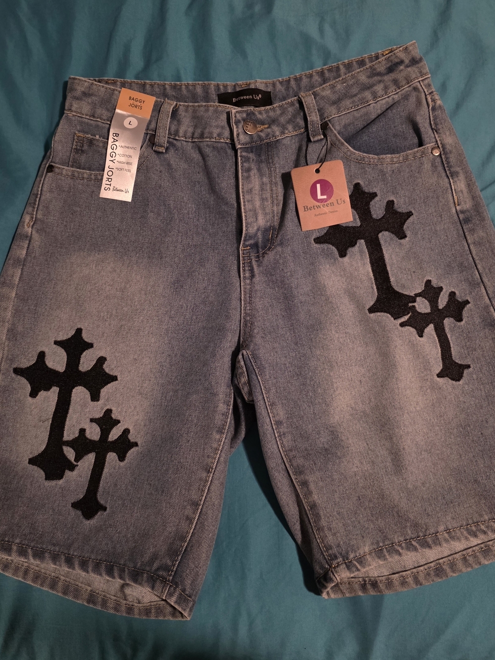 Between Us Light Blue Denim Jean Shorts with Black Cross Appliqué
